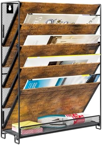 PAG-Mass Wall File Organizer for Office, 6-Tier Rustic Hanging File Holder Wall Storage Rack for Documents/Magazine/Literature/File Folders/Mails/Envelopes, Brown by PAG