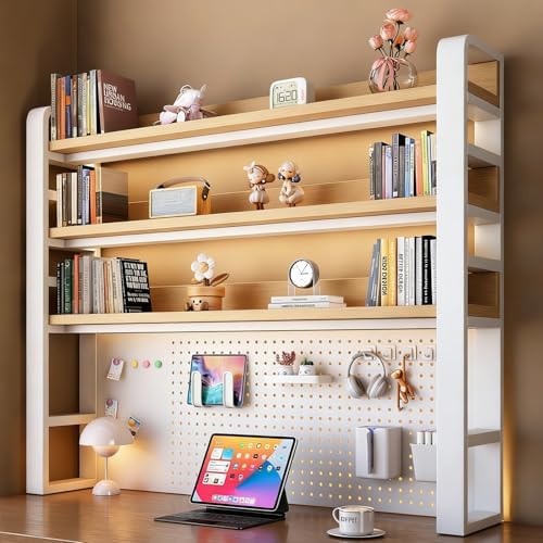 Desk Shelf - Includes a Pegboard and a Free 31-Piece Storage Accessory Set, Desk Hutch, Adjustable Hutch for Home Office Dorm (4-Tier White Frame + Natural Wood Board 21.7×9.8×48.5") by Unknown