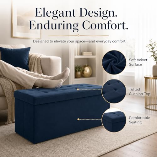 ALASDO 43 Inch Folding Storage Ottoman Bench with Hidden Storage, Velvet Storage Ottoman Foot Rest Stool, End of Bed Bench for Bedroom, Living Room, Entryway and Closet, Navy Blue - Image 2