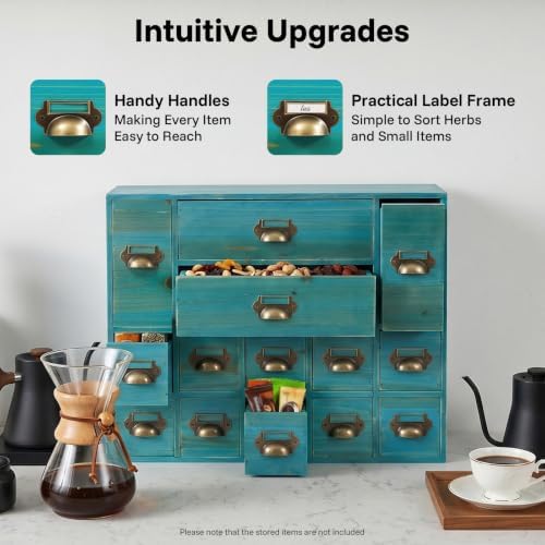 14 Drawers Apothecary Drawers Card Catalog Cabinet,Wooden Storage Box with Drawers,Library Card Catalog Cabinet for Desktop Organizer,Blue - Image 4