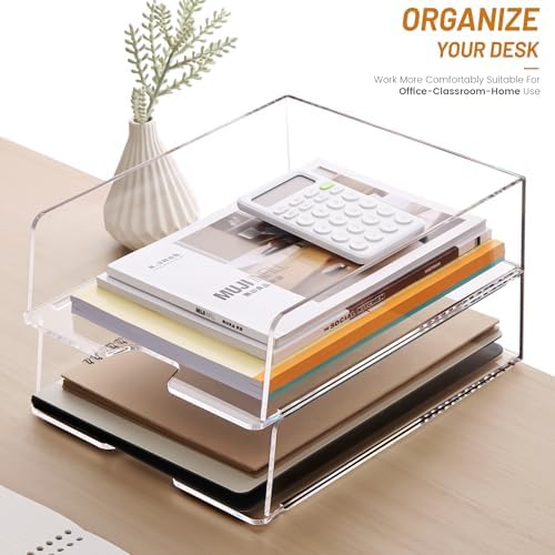HeZone Enlarged Letter Paper Tray - Clear Acrylic Desk Organizers for Document Organization and File Storage - Stackable Office Accessories - 2 Pack (Large Tray V) - Image 2