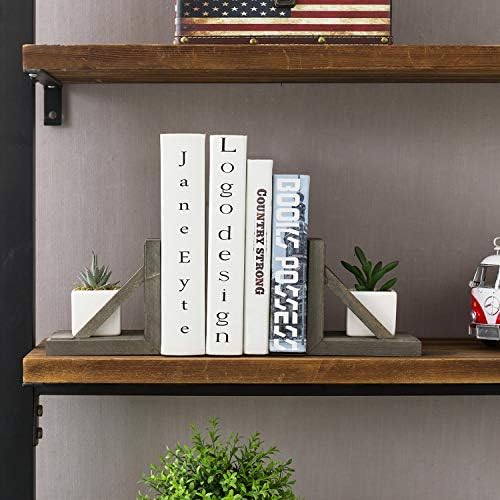MyGift Vintage Gray Wood Decorative Bookends with Brass Metal Book Supports, Office Desk Wooden Bookend Book Stand, 2 Piece Set - Image 4