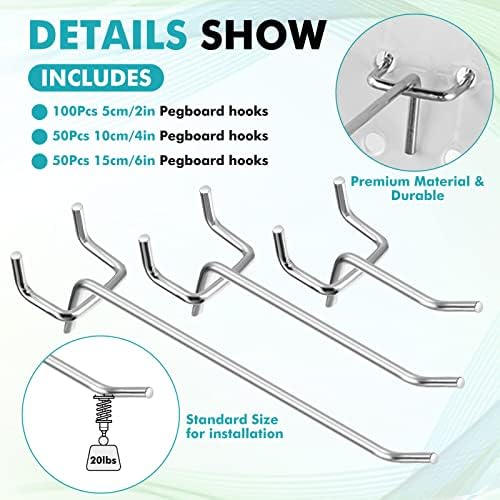 Hicarer 200 Pcs Stainless Steel Pegboard Hooks Multiple Sizes Fit 1/4" or 1/8" Pegboard Ideal for Garage Tool Organization, Wall Storage(2 Inch, 4 Inch, 6 Inch) - Image 3