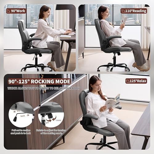 PU Leather Office Chair Swivel Lumbar Support for Short People Grey - Image 4
