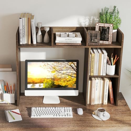 DREAMADE Desktop Bookshelf, 3-Tier Desk Shelf with 5 Racks, Grey - Image 2