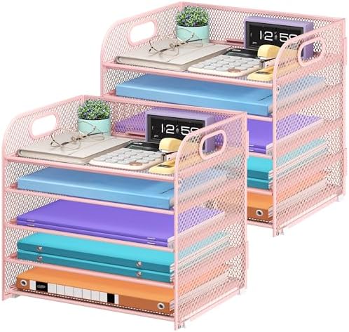 Cawukege 2 Pack 5 Tier Paper Organizer, Letter Tray with Handle, Mesh Desk Organizer, Metal File Organizer, Office Desk Accessories for Home, Office, Classroom, School (Pink, 2) by Cawukege