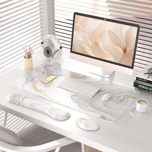 QiyI PU Leather Desk Mat Set, 4-in-1 Ergonomic Wrist Rest, White Marble - Image 2