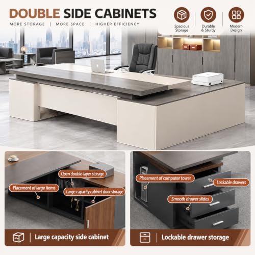 Executive Desk, L Shaped Executive Office Desk with Locking Drawer & File Cabinet, 1'' Thick Desktop, Large Office Desk with Storage, Modern Executive Computer Workstation for Home Office & Business - Image 4