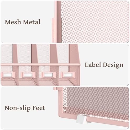 SUPEASY Desk Organizers Metal Desk Magazine File Holder with 5 Vertical Compartments Rack File Organizer for Office Desktop, Classroom, Home Workspace, Pink - Image 4