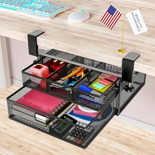 Under Desk Drawer Organizer No Drill Metal Under Desk Storage Drawer Container 2 Slide Out Cabinet Drawer Suitable for Home And Office (Medium) by SRJZMLY