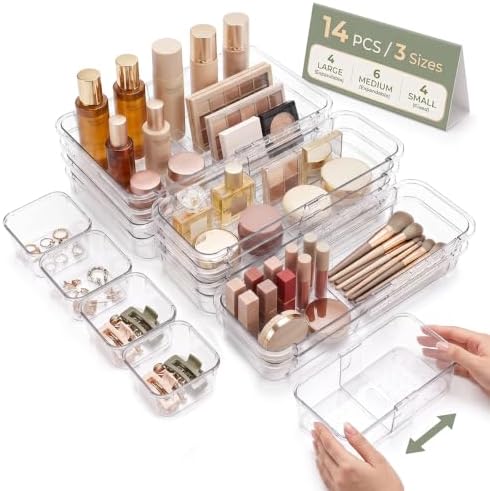 14 PCS Expandable Drawer Organizer Set, Clear Storage Bins with 6 Medium Trays, 3 Sizes for Makeup, Bathroom, Kitchen & Office by Unknown