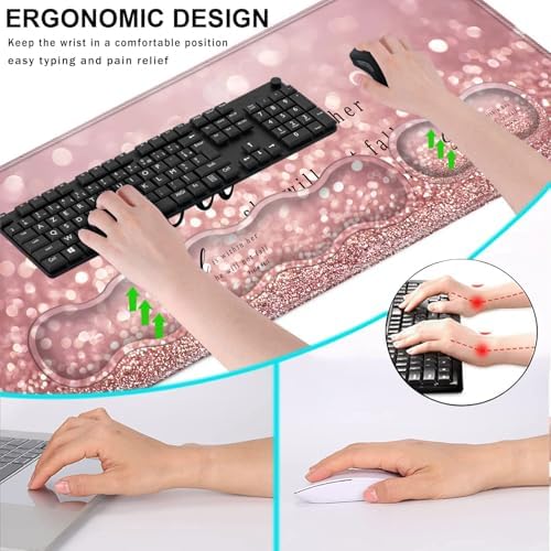 Keyboard Wrist Rest and Mouse Pad with Wrist Support Set Ergonomic Coaster,Memory Foam,Easy Typing Pain Relief,Large XL Desk Mat 31.5"x 11.8",Rose Gold Glitter Quote Bible Verse Psalm 46-5 - Image 6