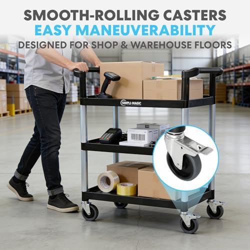 Simpli-Magic Rolling Utility Cart on Wheels, Heavy Duty Multi-Purpose Service Cart, Silver & Black, Garage, Warehouse & Commercial Use - Image 3