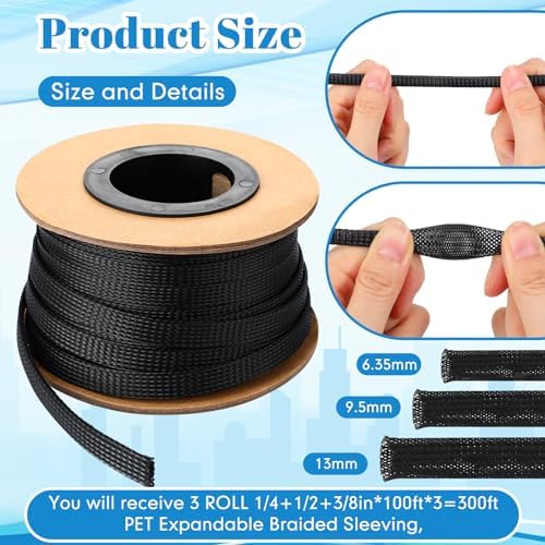 Pangda Braided Wire Loom 1/4, 1/2, 3/8'' X 300 Ft, Black - Image 2