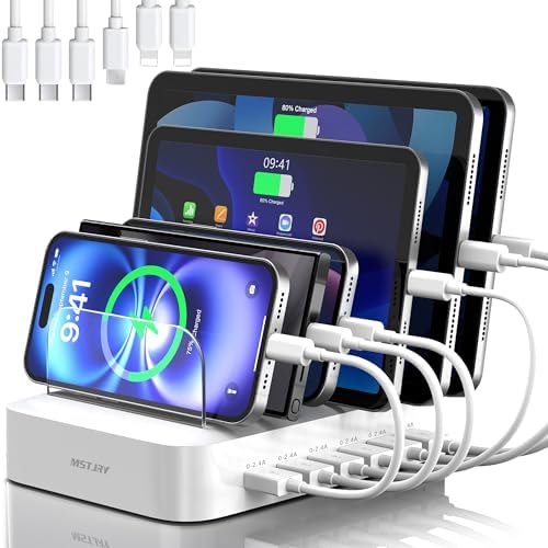 MSTJRY Charging Station for Multiple Devices : 6 Port USB Charger Stations - Family Multi-Device Organizer Charging Dock - Designed for iPhone iPad Android Cell Phone Tablet and Electronic, White by MSTJRY