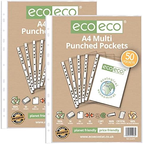 eco-eco A4 100% Recycled Multi Punched Pockets Glass Clear, Transparent Poly Wallet Sheet Protector, 45 Microns (Pack of 50 x2), eco076x2 by eco-eco
