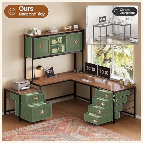 SEDETA Reversible Farmhouse L Shaped Office Desk with 6 Drawer, Hutch - Image 2