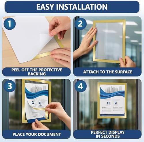 12 Pack Magnetic Sign Holder 8.5 x 11 with Adhesive Back - Gold Magnetics Poster Frame & Magnetic Paper Holder - Reusable Adhesive Frames 8.5x11 - Magnet Frame for Wall Windows - Magnet Document Holders - Image 6