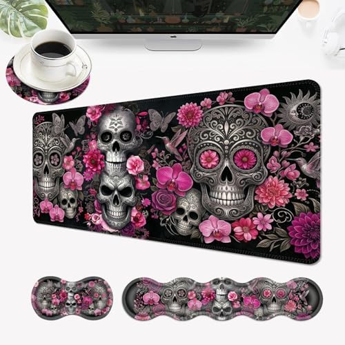 Desk Mat, Mouse Pad with Wrist Rest, 4-in-1 Large Mouse Pads for Desk, Ergonomic Mouse Pad and Keyboard Wrist Rest Gaming Keyboard Mat for Office,Sugar Skulls with Flowers by EFGWSDER