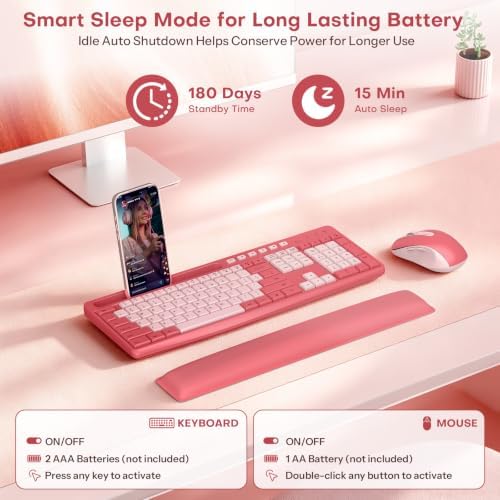 Pink Wireless Keyboard and Mouse Combo with Soft Wrist Rest & Phone Holder - Image 4