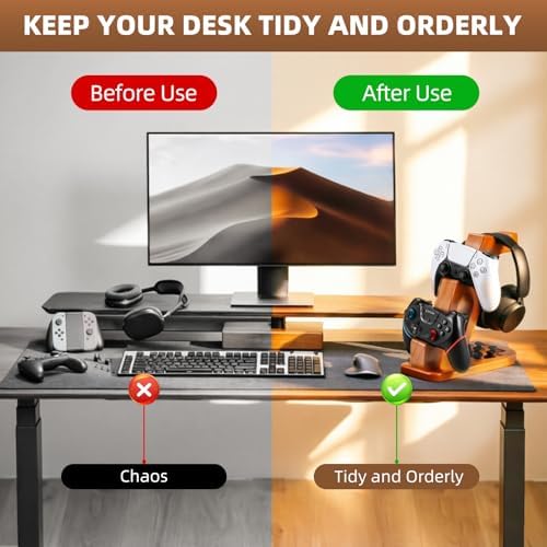 DEQIANG Solid Wood Headphone Stand with Dual Controller Holder (Set) - Image 2