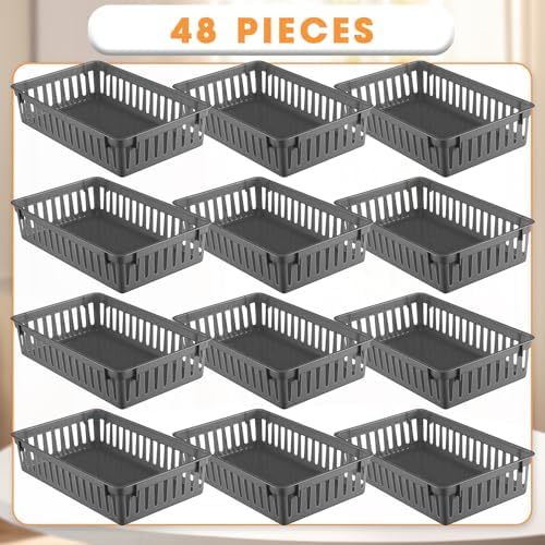 Boao 48 Pieces Plastic Baskets for Organizing 10.24 x 6.5 x 2.36 Inch Rectangular Storage Trays Plastic Organizer Bins Rectangle for Classroom Organization(Gray) - Image 2