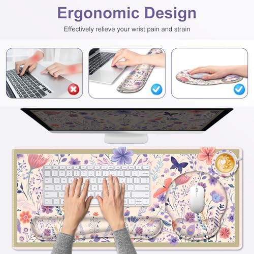 Cute Desk Mat, 4in1 Large Mouse Pad with Wrist Rest, Desk Matt for Desktop, Deskpad Mat, Anti-Slip XXL Computer Ergonomic Mousepad with Wrist Support for Keyboard and Mouse I Retro Purple Floral - Image 5