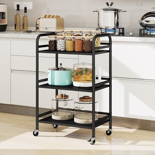 DCLRN 3 Tier Rolling Cart,Storage Organizer Cart,Multifunctional Storage Shelves,Rolling Metal Organization Cart with Handle and Lockable Wheels,for Home,Office,Kitchen,Bathroom(Black) - Image 2
