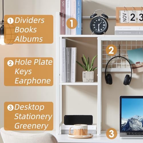 4-Tier Desk Hutch Shelf with Grid Panel, 36” Desktop Bookshelf for Monitor, Office & Home (White, 36") - Image 4