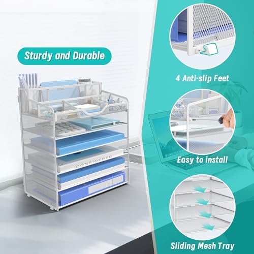 6 Tier Mesh Paper Desk Organizer with Pen Holders, White - Image 4