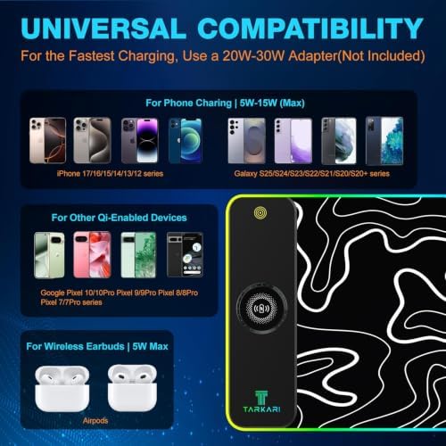 TARKARI 15W Magnetic Wireless Charging RGB Mouse Pad, 800x300mm Topographic - Image 3