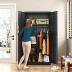 Wide & Deep Metal Storage Cabinet with Hanging Rod,Black Broom Closet Storage Cabinet with Lock,72" Tall Wardrobe Cabinets with Doors and Shelves,Locking Steel Tool Cabinets for Home,Office,Garage - Image 5