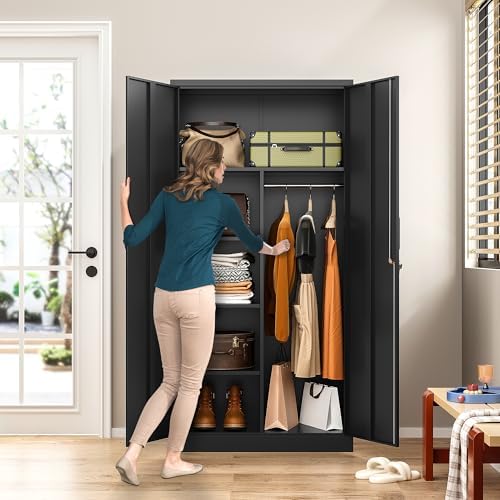 Wide & Deep Metal Storage Cabinet with Hanging Rod,Black Broom Closet Storage Cabinet with Lock,72" Tall Wardrobe Cabinets with Doors and Shelves,Locking Steel Tool Cabinets for Home,Office,Garage - Image 5