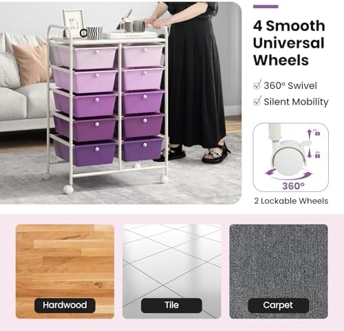 Giantex 10 Drawers Rolling Cart, Classroom Organizers, Storage Cart with Wheels, for Teacher Office Home School Supplies Tool Craft Art Paper, Purple Gradient - Image 6