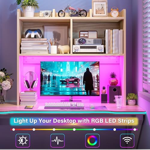 REIBII 3 Tier Desk Hutch, 6 Shelves to Storage, LED Desktop Shelf - Image 2
