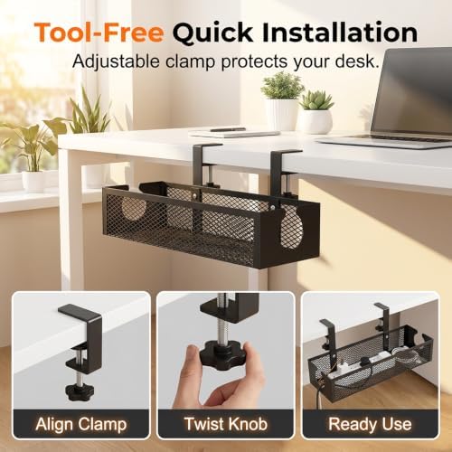 Under Desk Cable Management Tray, 2026 New Adjustable No Drill Cord Organizer with Clamp, Premium Cable Management Box for Home Office Standing Desk Wire Management (White a) - Image 4