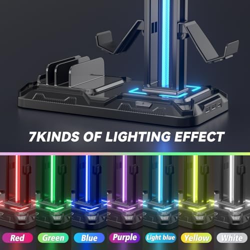 KDD Headset Stand with Charging Station - Detachable Controller Holder with 9 Light Modes - Rotatable Headphone Hanger with USB A&C Charger Ports - Earphone Hook for PC Gaming Accessories Storage - Image 4
