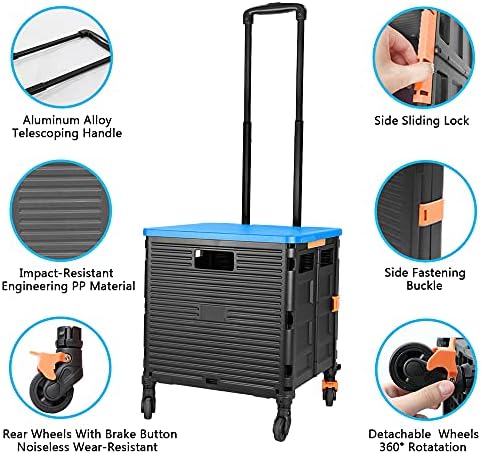 FELICON SELORSS Foldable Utility Cart Folding Portable Rolling Crate-Blue - Image 2