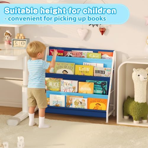 Aokitsink Kid Bookshelf for Kids Rooms, 4-Tier Blue Montessori Bookshelf,Toddler Children Bookshelf,Metal Kid's Book Storage Organizer for Boys Room Furniture Playroom Kindergarten - Image 3