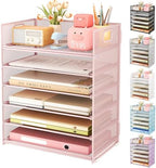 Subekyu 6 Tier Office File Paper Desk Tray Organizer with Handle, Stackable Slide Mesh Letter Tray Folder Pink Desk Organizer, Desktop Document Sorter for Classroom, Office, Home Supplies Storage by SUBEKYU