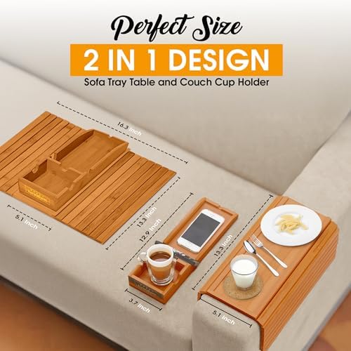 Bamboo Couch Cup Holder, 2 Cork Coasters, Anti-Slip Foldable Couch Arm Tray - Image 3