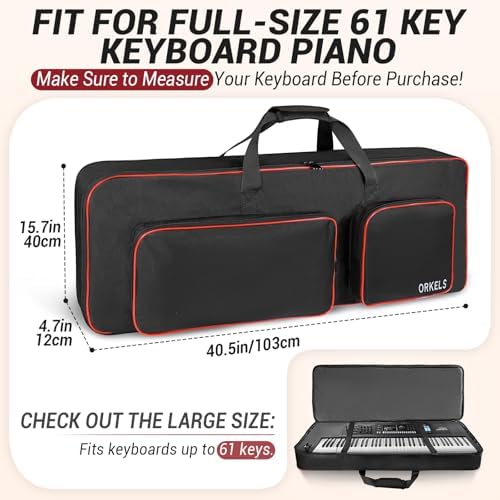 ORKELS 61-Key Keyboard Case, 10mm Padded Electric Piano Gig Bag with Shoulder Straps, Handles & 2 Accessories Pocket - Image 2