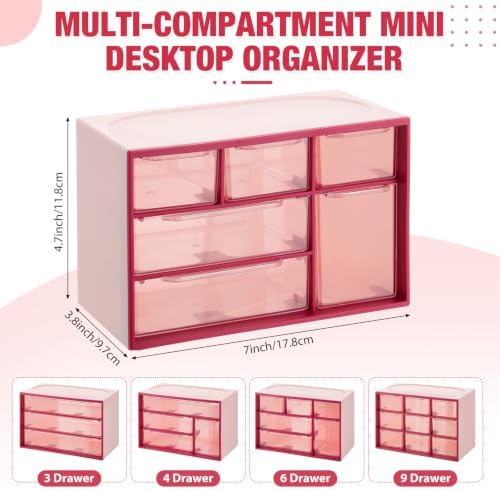 Briwooody 4 Pcs Mini Desktop Drawer Storage Box 3 4 6 9 Compartment, Pink - Image 3