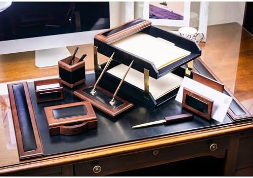 Dacasso Walnut and Black Leather Desk Set, 10-Piece, 34" x 20" - Image 2