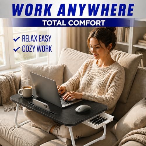 Multi-Feature Lap Desk with Cup Holder Tablet Slot and Storage Drawer - Portable Foldable Laptop Table for Bed Sofa and Floor - Metal Folding Legs 4 Colors - Image 5