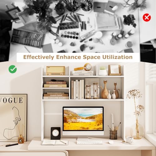 GOFLAME 6 Shelves Desktop Bookshelf, 37” Desk Hutch Dorm for Computer Monitor Up to 32”, 3-Tier Countertop Display Rack, Wood Desk Storage Organizer Shelf for Home Office, Study, White - Image 7
