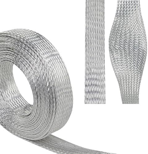 Tinned Copper Braid Wire Shielding Ground Strap Metal Cable Sleeve Expandable Flexible Flat Mesh (11/16 in Wide(0.44 in Dia)-115ft) by BuyUneed