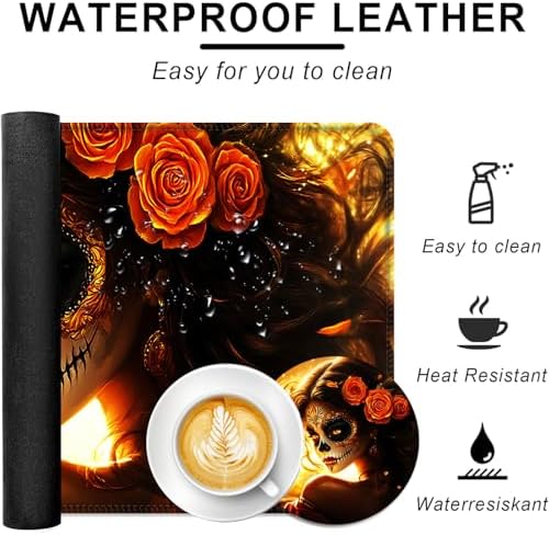 Large Keyboard Mouse Pad Set, Extended Mouse Pad+Keyboard Wrist Rest Support, Memory Foam Ergonomic Easy Typing, 4Pcs (31.5×11.8 in) Desk Pad Set for Office Home,Skull Woman with Rose - Image 2