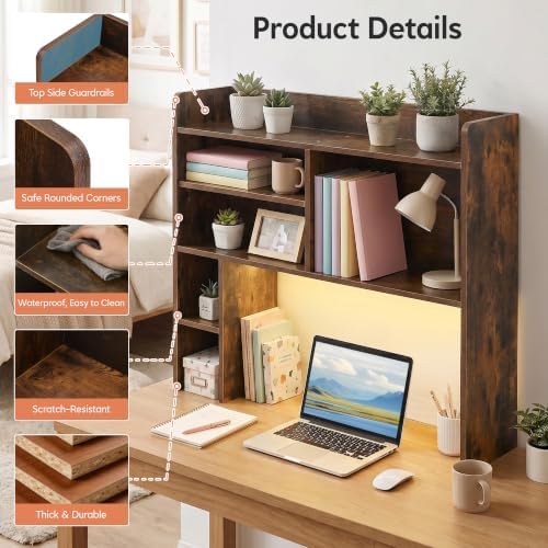OFCASA Desktop Bookshelf with LED Lights, Countertop Storage Hutch with 7 Shelves for Computer Desk, 35.4'' 3-Tier Display Rack, Wooden Desk Hutch Storage Organizer for Home Office Dorm, Brown - Image 6