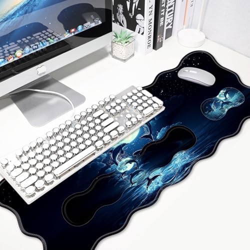 4 in 1 Desk Mat Set,Mouse Pad with Keyboard Wrist Rest,Wave-Shaped Design,Non-Slip Rubber Base,Waterproof,for Home,Office,Gaming,Cute Dolphin - Image 3